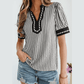 Dorthea Black Stripe Collared Split Neck Short Bubble Sleeve Blouse