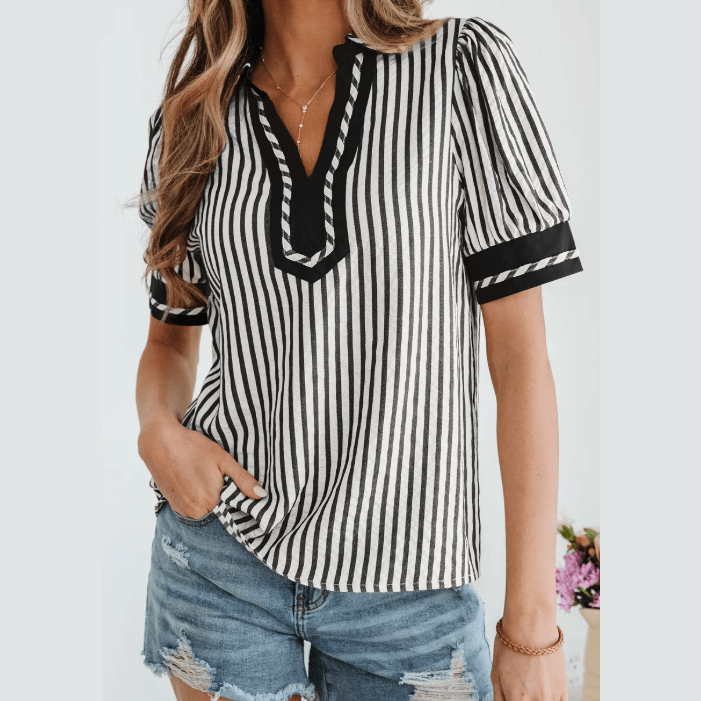 Dorthea Black Stripe Collared Split Neck Short Bubble Sleeve Blouse