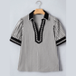 Dorthea Black Stripe Collared Split Neck Short Bubble Sleeve Blouse
