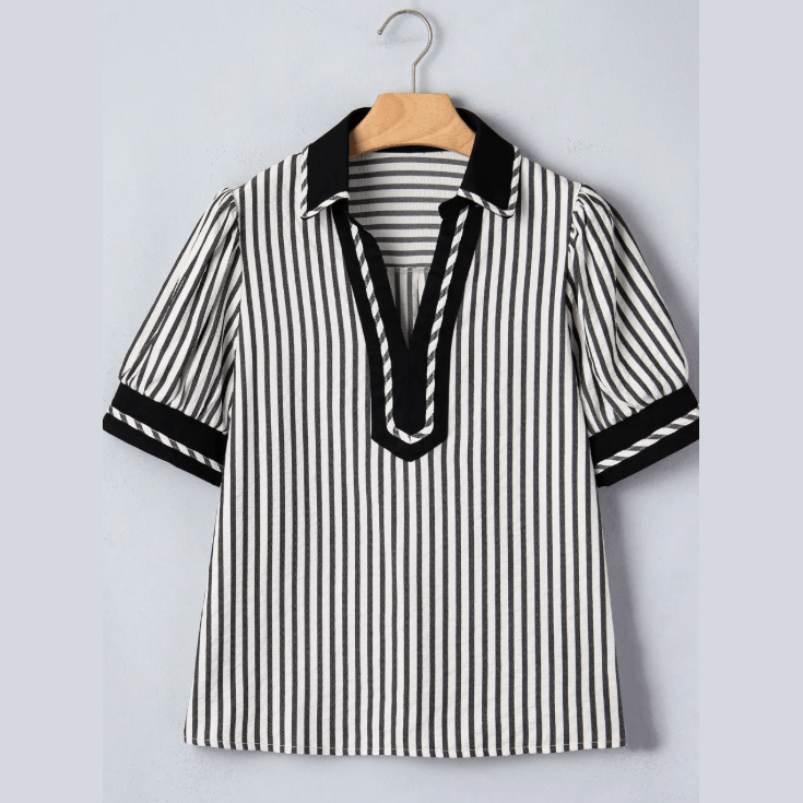 Dorthea Black Stripe Collared Split Neck Short Bubble Sleeve Blouse