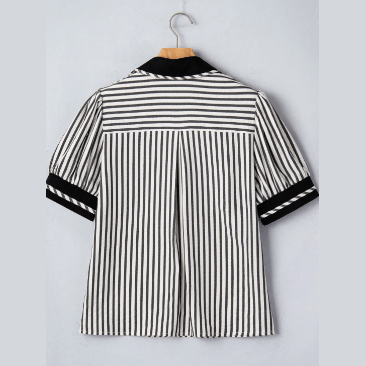 Dorthea Black Stripe Collared Split Neck Short Bubble Sleeve Blouse