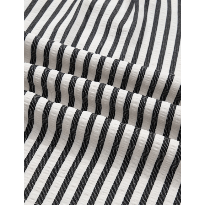 Dorthea Black Stripe Collared Split Neck Short Bubble Sleeve Blouse