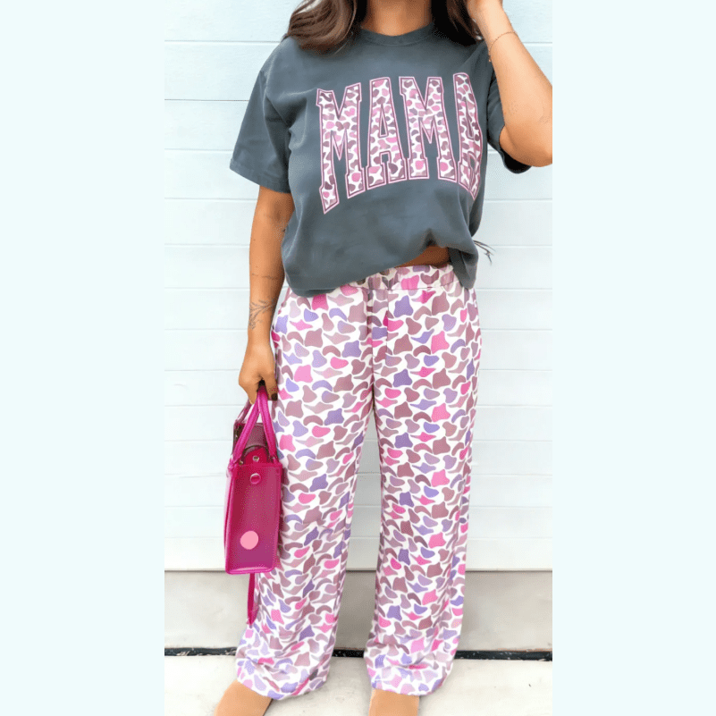 Medium Grey MAMA Letter Graphic Tee Camouflage Print Loose Pant Set