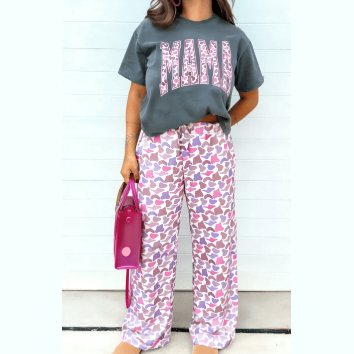 Medium Grey MAMA Letter Graphic Tee Camouflage Print Loose Pant Set