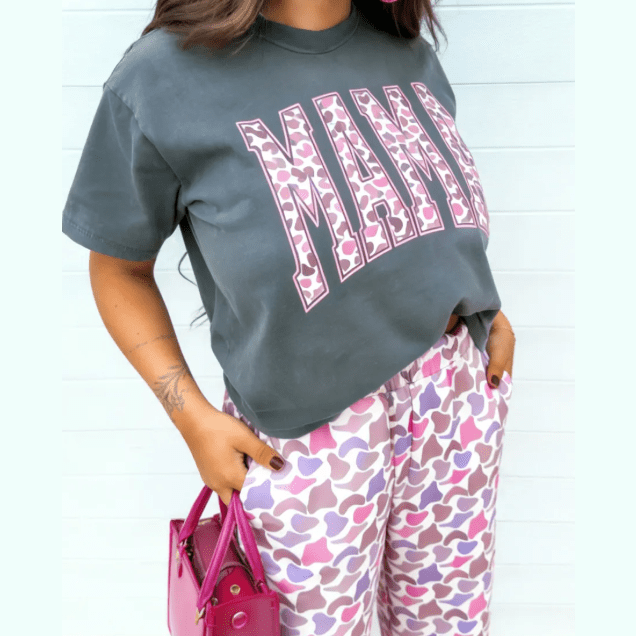 Medium Grey MAMA Letter Graphic Tee Camouflage Print Loose Pant Set