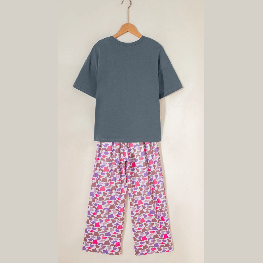 Medium Grey MAMA Letter Graphic Tee Camouflage Print Loose Pant Set