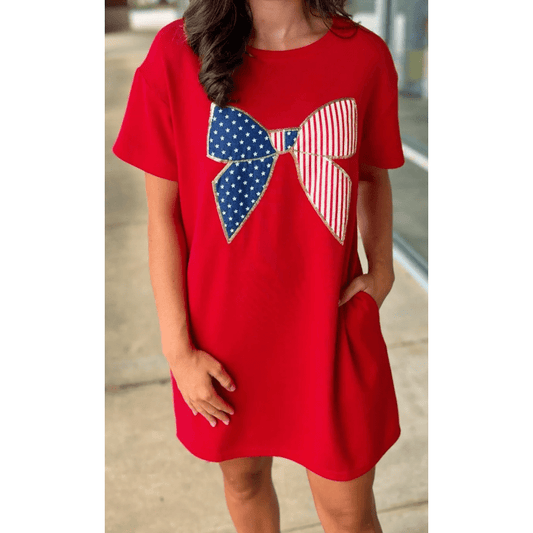 Fiery Red Sequin Trim Stars and Stripes Bow Patched T Shirt Mini Dress