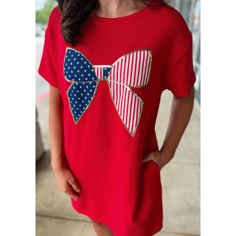 Fiery Red Sequin Trim Stars and Stripes Bow Patched T Shirt Mini Dress