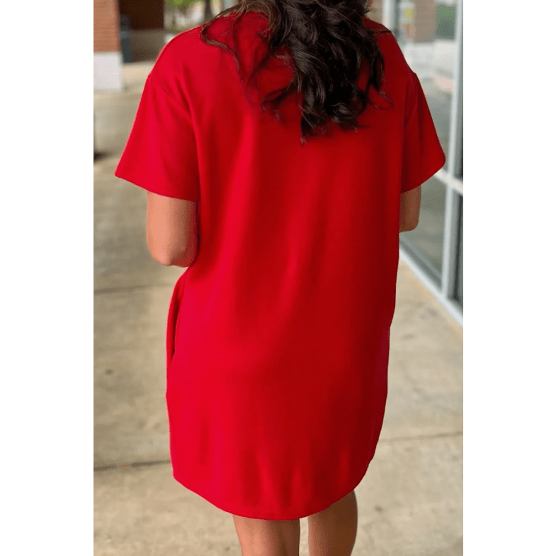 Fiery Red Sequin Trim Stars and Stripes Bow Patched T Shirt Mini Dress