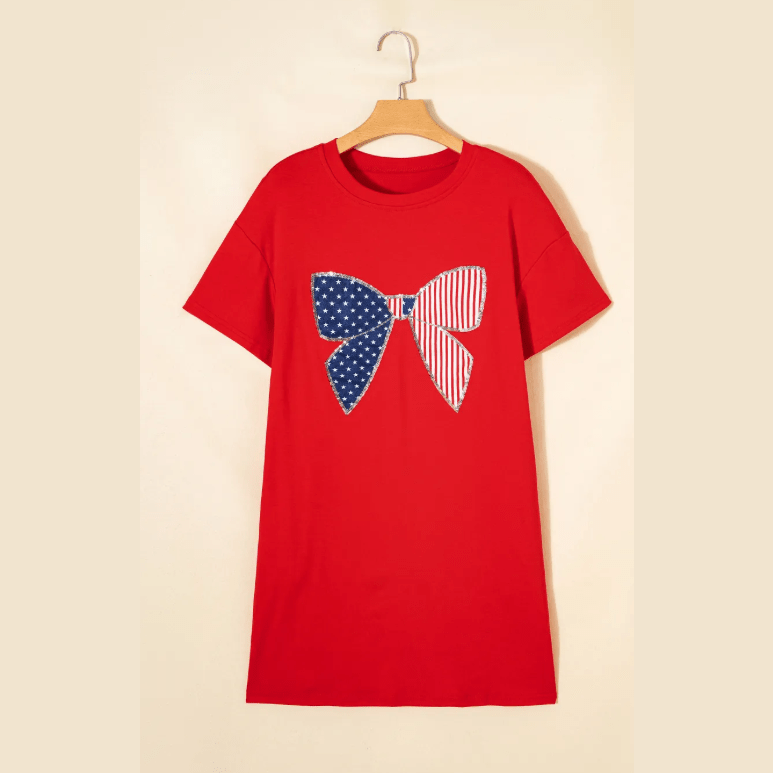 Fiery Red Sequin Trim Stars and Stripes Bow Patched T Shirt Mini Dress
