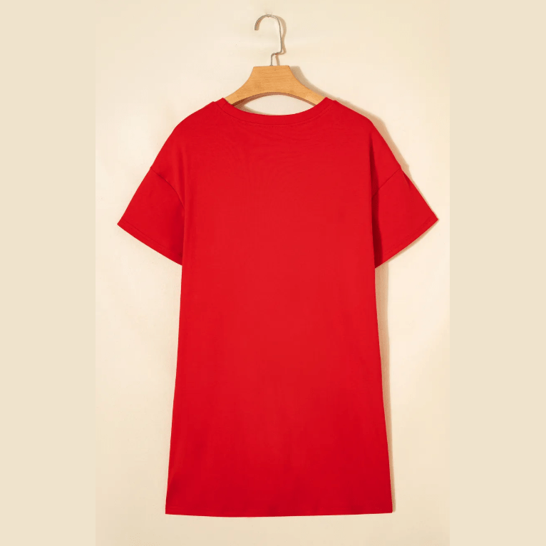 Fiery Red Sequin Trim Stars and Stripes Bow Patched T Shirt Mini Dress