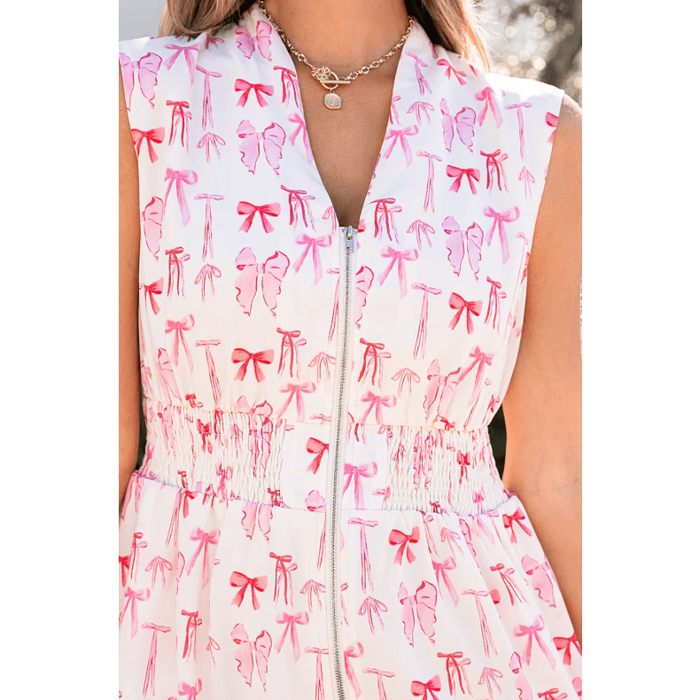 Ryland Pink Full Zip Cinched Waist Sleeveless Bow Mini Dress
