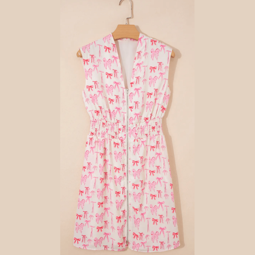 Ryland Pink Full Zip Cinched Waist Sleeveless Bow Mini Dress