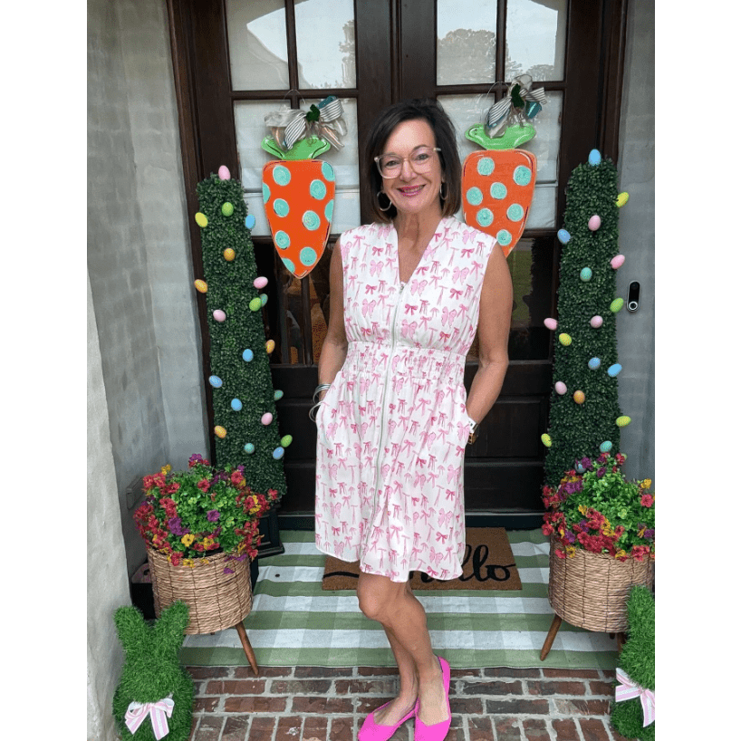 Ryland Pink Full Zip Cinched Waist Sleeveless Bow Mini Dress