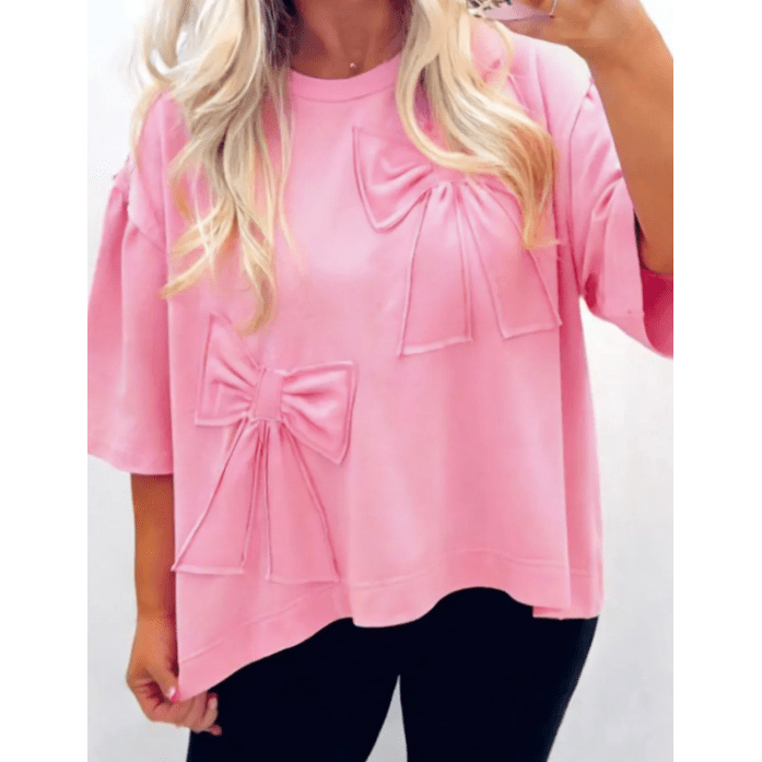 Poppy Pink Raw Edge Bow Patch Loose T Shirt