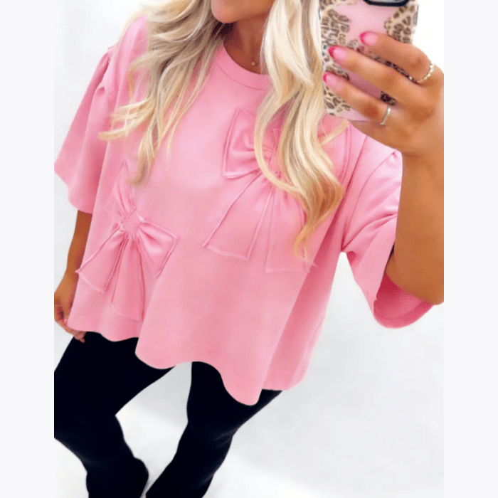 Poppy Pink Raw Edge Bow Patch Loose T Shirt