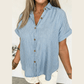 Wren Sky Blue Stripe Cuffed Short Sleeve Button up Loose Shirt