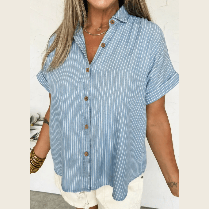 Wren Sky Blue Stripe Cuffed Short Sleeve Button up Loose Shirt