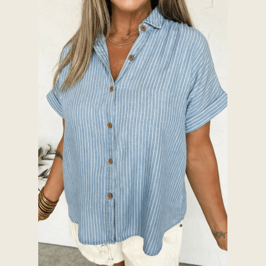 Wren Sky Blue Stripe Cuffed Short Sleeve Button up Loose Shirt