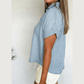 Wren Sky Blue Stripe Cuffed Short Sleeve Button up Loose Shirt