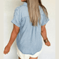 Wren Sky Blue Stripe Cuffed Short Sleeve Button up Loose Shirt