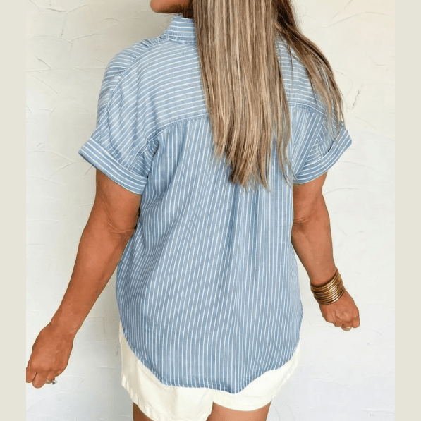 Wren Sky Blue Stripe Cuffed Short Sleeve Button up Loose Shirt
