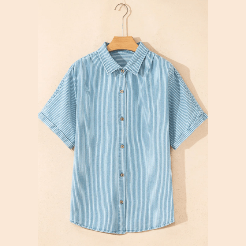 Wren Sky Blue Stripe Cuffed Short Sleeve Button up Loose Shirt