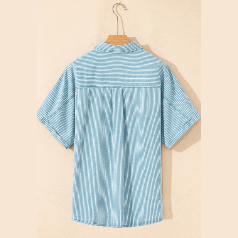Wren Sky Blue Stripe Cuffed Short Sleeve Button up Loose Shirt