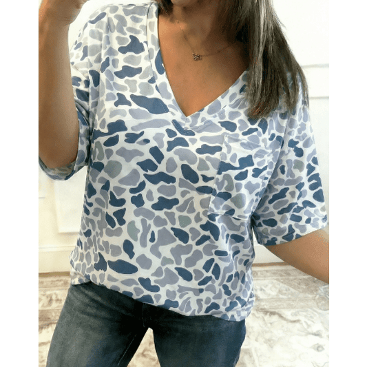 Noa Camouflage Print Single Chest Pocket V Neck Tee