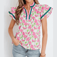 SALE!!!  Georgie Pink Floral Print Contrast Trim V Neck Double Ruffled Short Sleeve Blouse