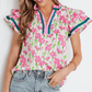 SALE!!!  Georgie Pink Floral Print Contrast Trim V Neck Double Ruffled Short Sleeve Blouse