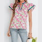 SALE!!!  Georgie Pink Floral Print Contrast Trim V Neck Double Ruffled Short Sleeve Blouse