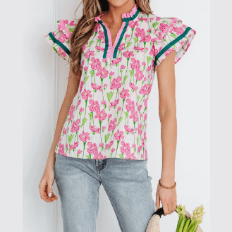 SALE!!!  Georgie Pink Floral Print Contrast Trim V Neck Double Ruffled Short Sleeve Blouse