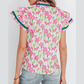 SALE!!!  Georgie Pink Floral Print Contrast Trim V Neck Double Ruffled Short Sleeve Blouse
