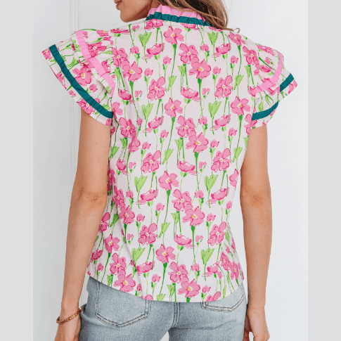 SALE!!!  Georgie Pink Floral Print Contrast Trim V Neck Double Ruffled Short Sleeve Blouse