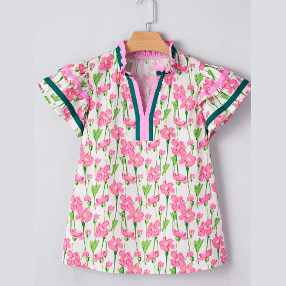 SALE!!!  Georgie Pink Floral Print Contrast Trim V Neck Double Ruffled Short Sleeve Blouse