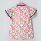 SALE!!!  Georgie Pink Floral Print Contrast Trim V Neck Double Ruffled Short Sleeve Blouse