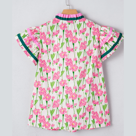 SALE!!!  Georgie Pink Floral Print Contrast Trim V Neck Double Ruffled Short Sleeve Blouse