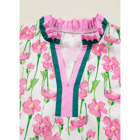 SALE!!!  Georgie Pink Floral Print Contrast Trim V Neck Double Ruffled Short Sleeve Blouse