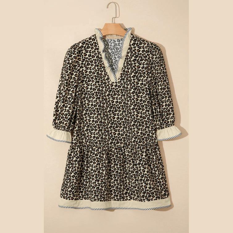 Fae Leopard Print Striped Color Block Trim V Neck Bracelet Sleeve Mini Dress
