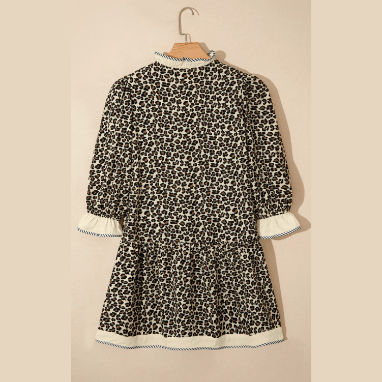 Fae Leopard Print Striped Color Block Trim V Neck Bracelet Sleeve Mini Dress