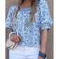 Irina Sky Blue Square Neck Short Puff Sleeve Pleated Floral Blouse