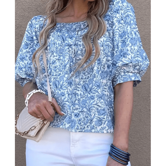 Irina Sky Blue Square Neck Short Puff Sleeve Pleated Floral Blouse