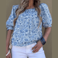 Irina Sky Blue Square Neck Short Puff Sleeve Pleated Floral Blouse