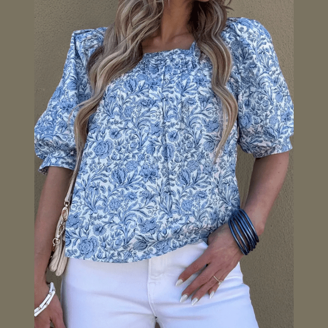 Irina Sky Blue Square Neck Short Puff Sleeve Pleated Floral Blouse
