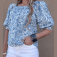Irina Sky Blue Square Neck Short Puff Sleeve Pleated Floral Blouse