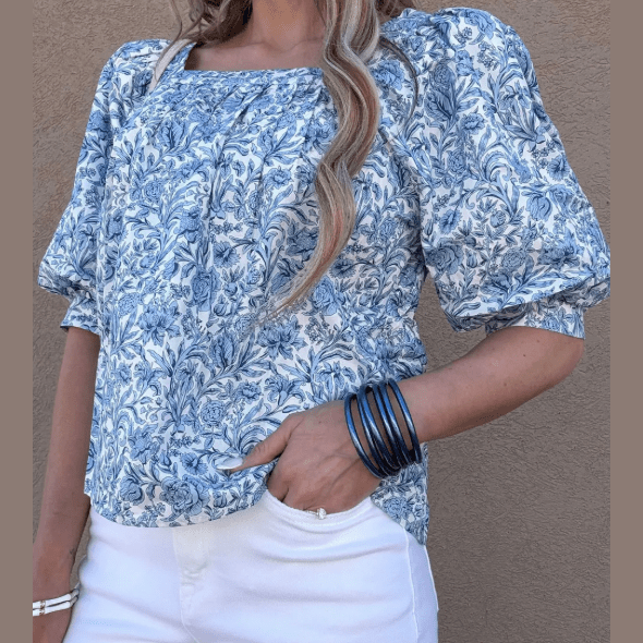 Irina Sky Blue Square Neck Short Puff Sleeve Pleated Floral Blouse