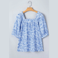 Irina Sky Blue Square Neck Short Puff Sleeve Pleated Floral Blouse