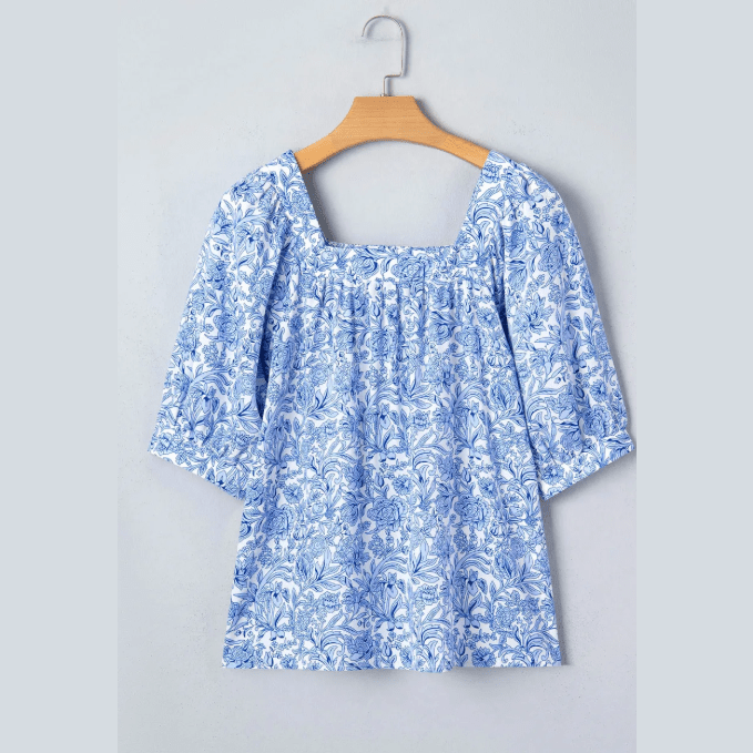 Irina Sky Blue Square Neck Short Puff Sleeve Pleated Floral Blouse