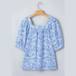Irina Sky Blue Square Neck Short Puff Sleeve Pleated Floral Blouse